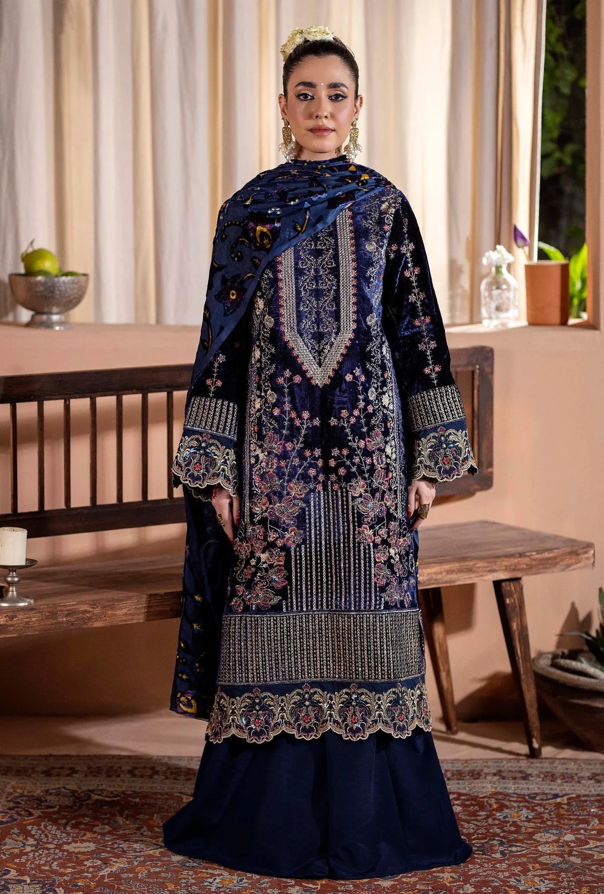 Plachi-0009 Stitched Embroidered Velvet Salwar Kameez with Velvet Shawl