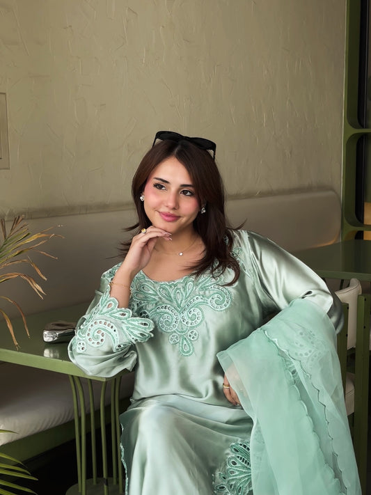 Short Silk Long Shirt with Cutwork Details & Chiffon Dupatta – 3 Piece Set