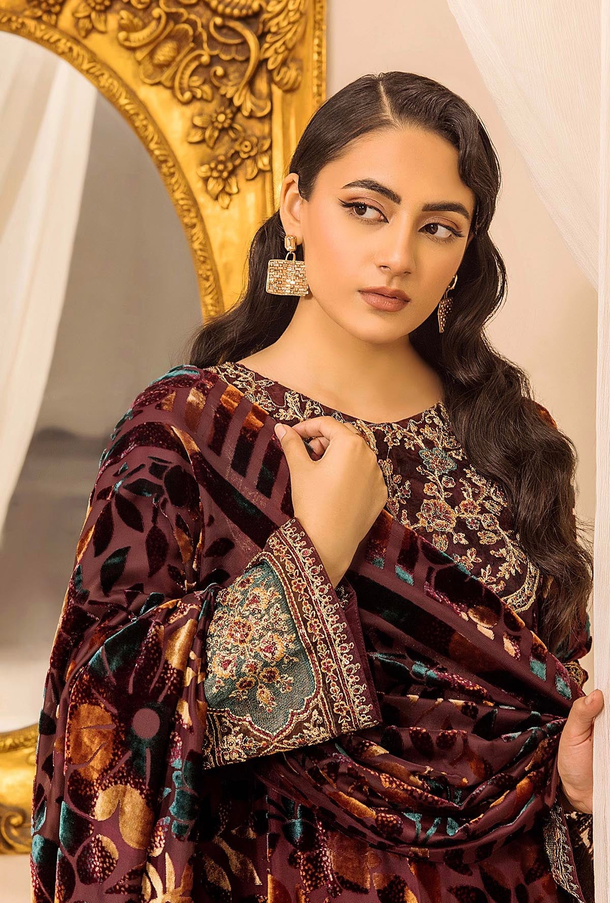 Brown Stitched Embroidered Micro-Velvet Salwar Kameez and Dupatta