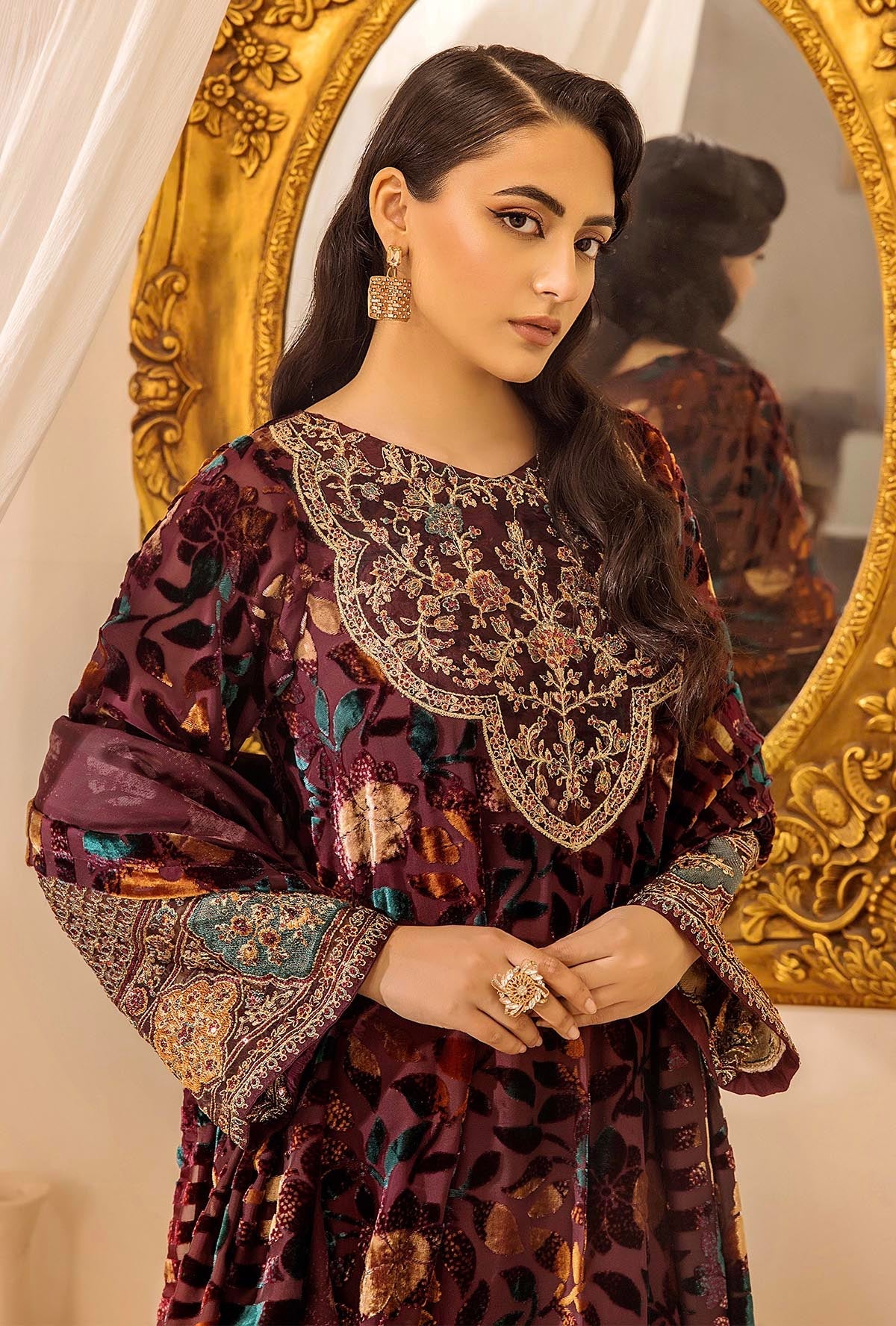 Brown Stitched Embroidered Micro-Velvet Salwar Kameez and Dupatta