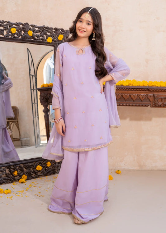 Lavender Crinkle Embroidered 3 Piece Suit
