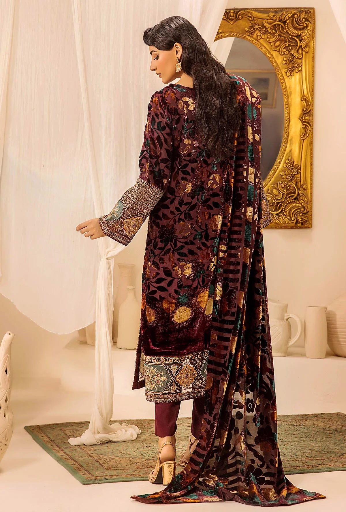 Brown Stitched Embroidered Micro-Velvet Salwar Kameez and Dupatta