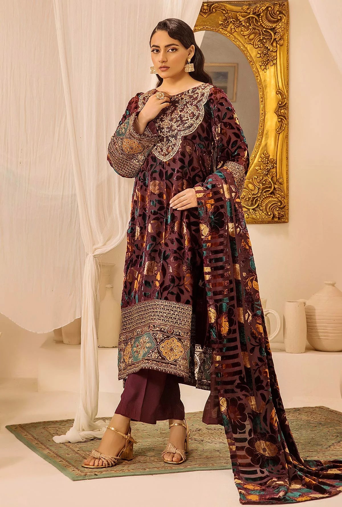 Brown Stitched Embroidered Micro-Velvet Salwar Kameez and Dupatta