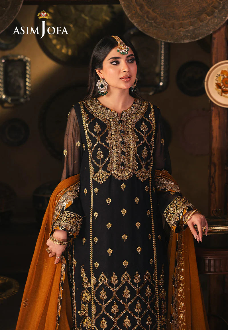 Asim Jofa black embroidered chiffon suit with gold dori work – Mahaba Studio USA