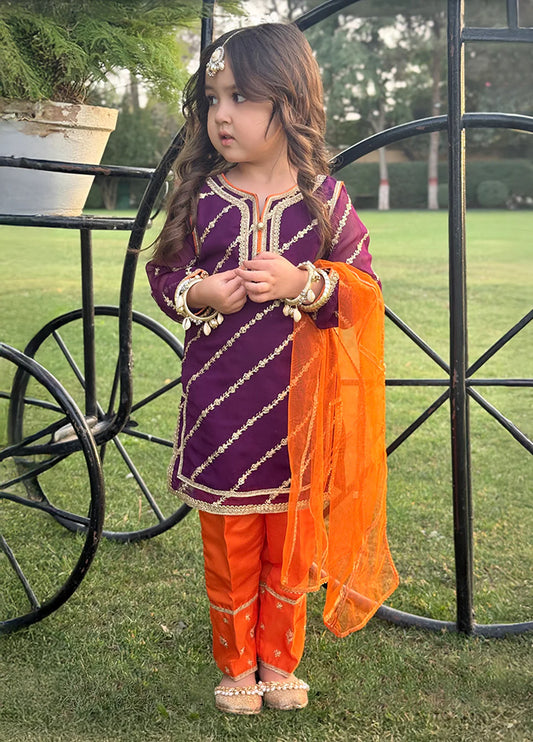 3 Piece Embroidered Chiffon Purple Suit