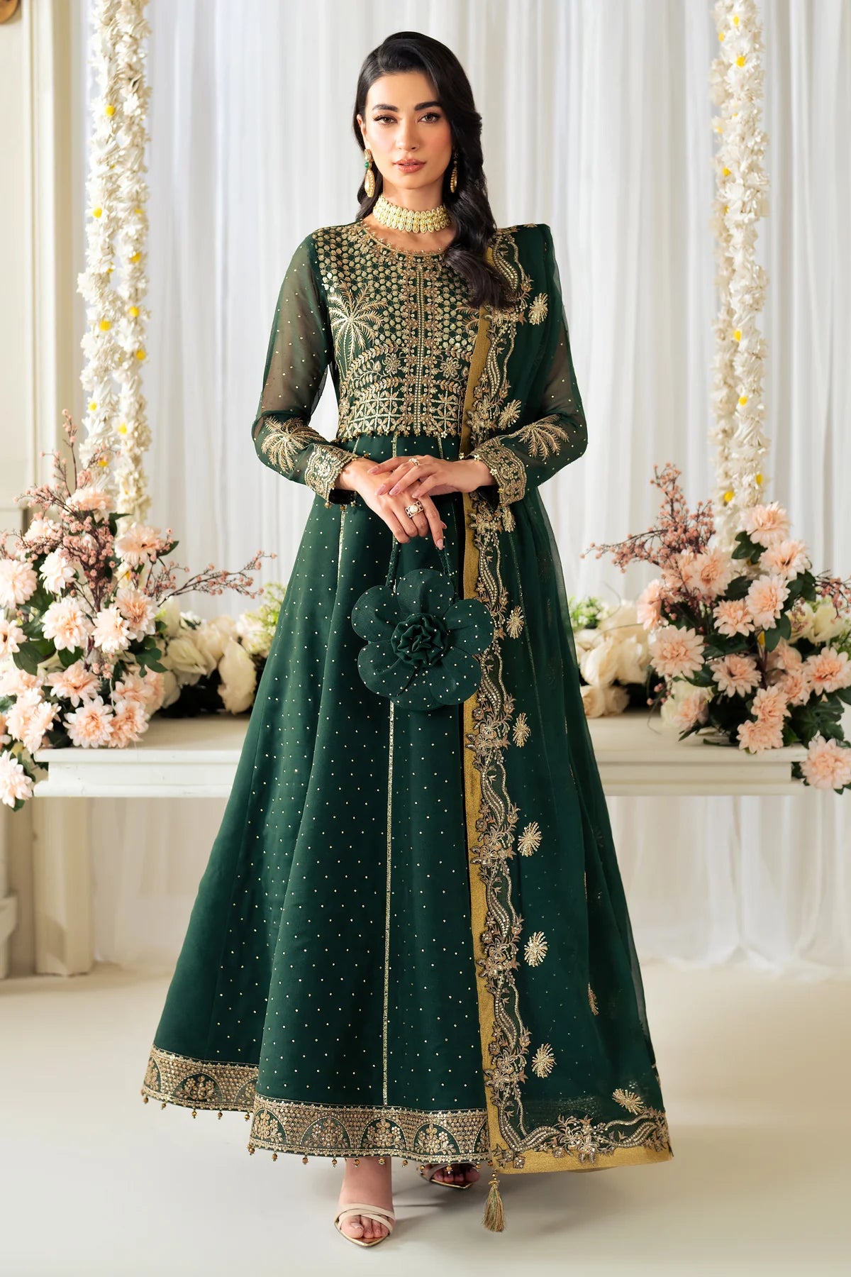 Embroidered Bottle Green Long Maxi Custom Size Embroidered Bottle Green Long Maxi Custom Size