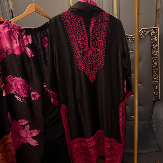 Shamoz Silk Embroidered Long Shirt Set – 3 Piece | Ready to Ship