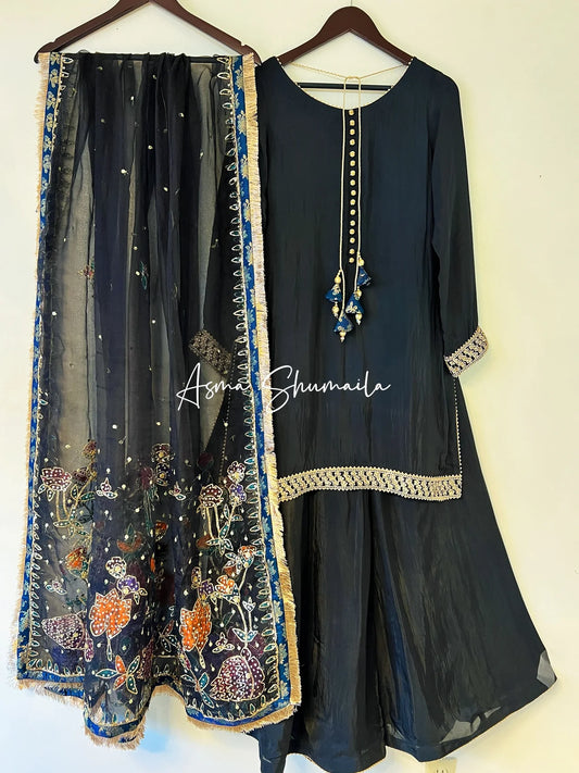 Ice blue silk with Handpainted dupatta