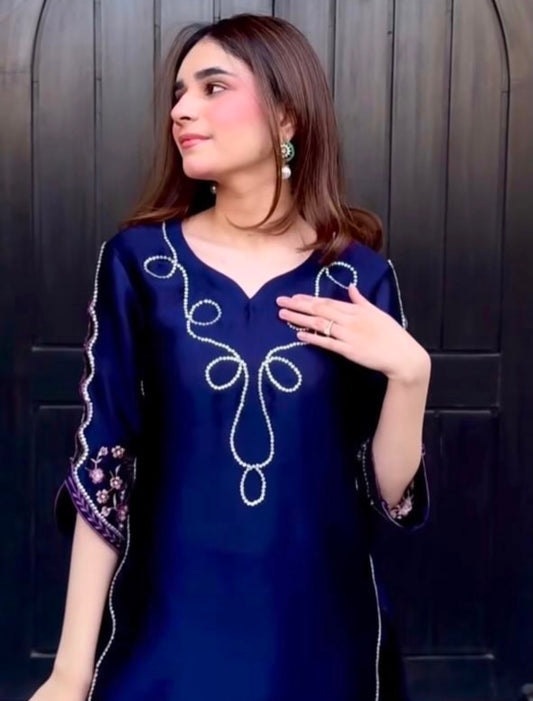 Multi Fusion Embroidered Navy Co-Ord Set