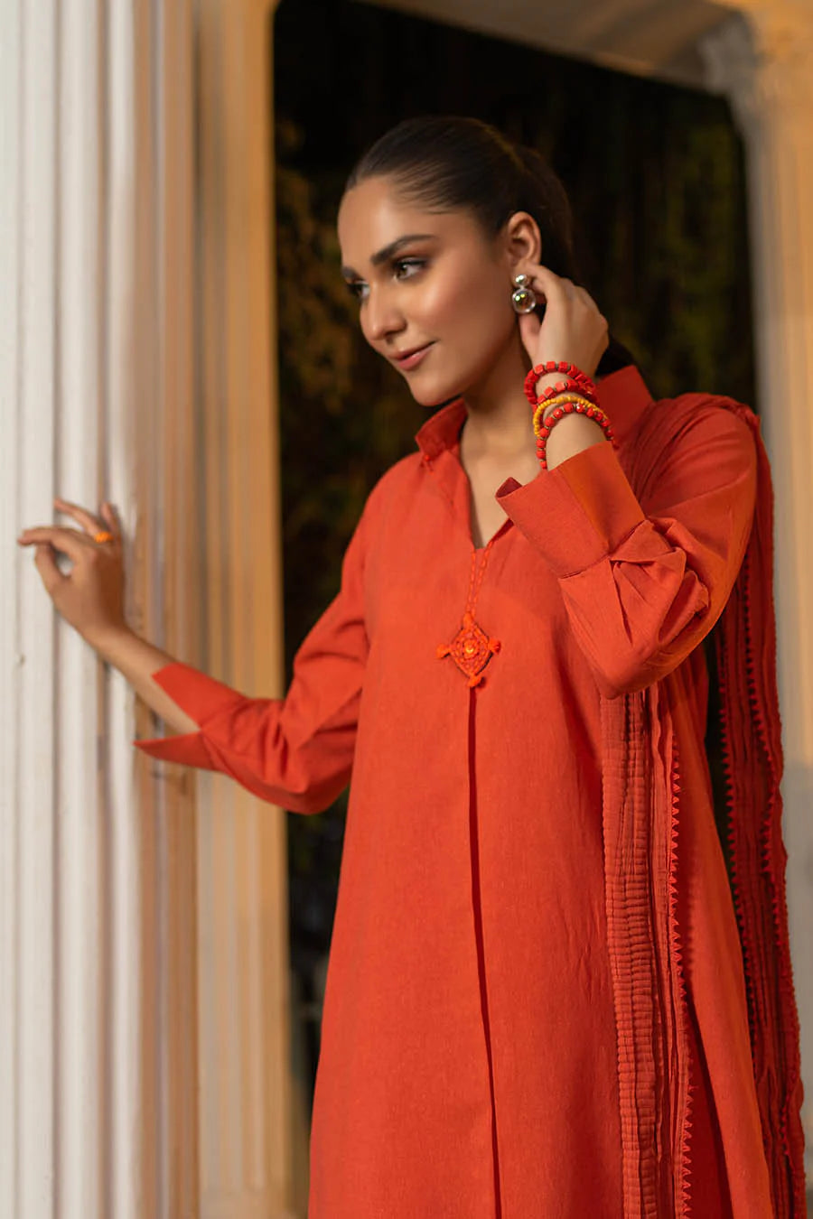 side view Pure Karandi Hand Embroidered shirt with pants and Chiffon Chunnari - orange