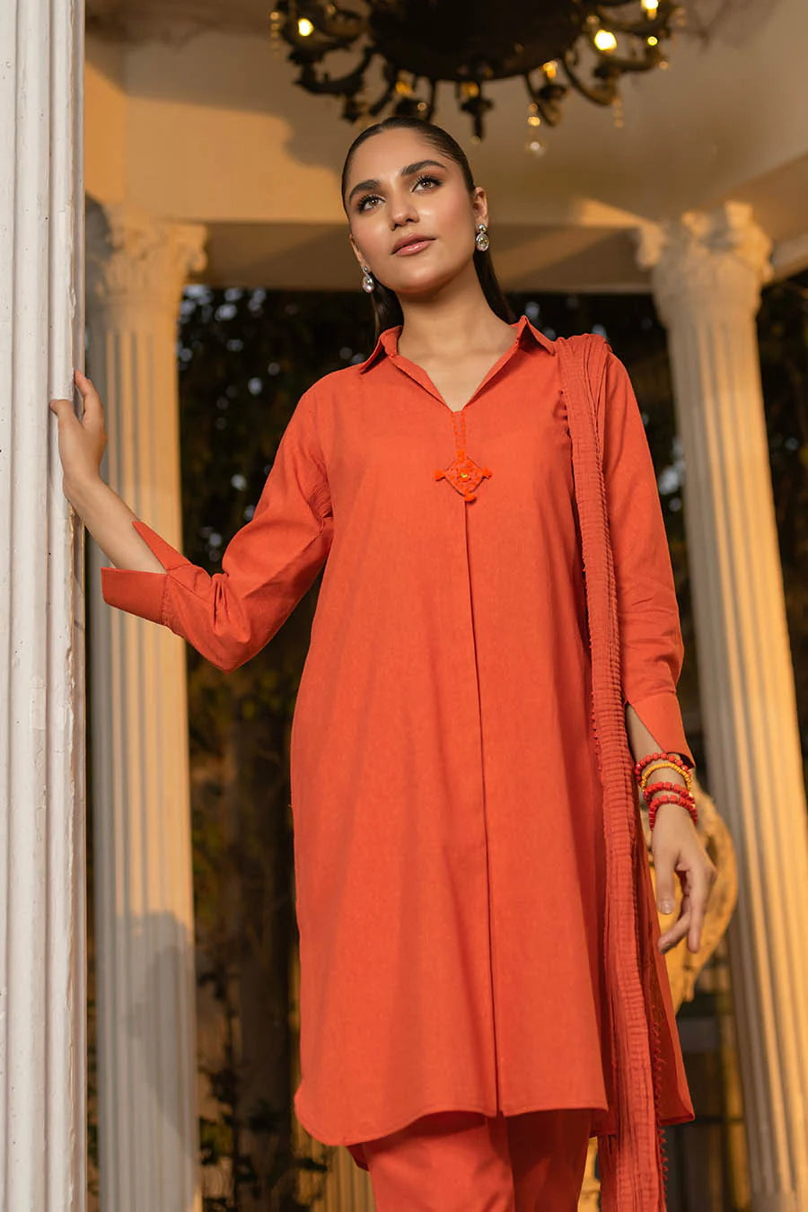khudabaksh - Pure Karandi Hand Embroidered shirt with pants and Chiffon Chunnari - orange
