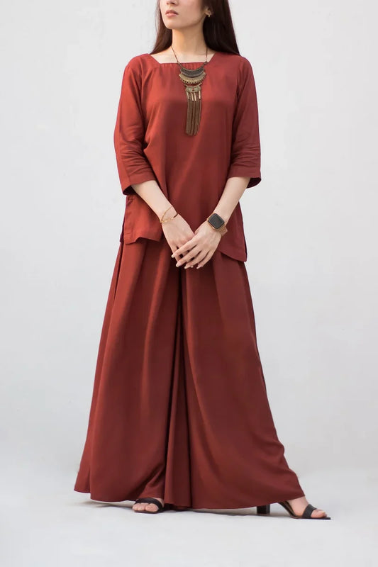 MSP-004-Mahreen | Brown Solid Linen Dress - 2 Piece