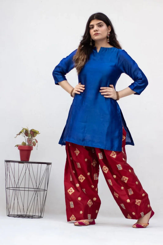 MSP-009-Velora | Blue Seesha Silk With Red Shalwar