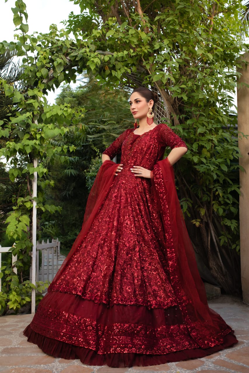 NB-5115 Red Sequins Embroidered 3pc Stitched Dress