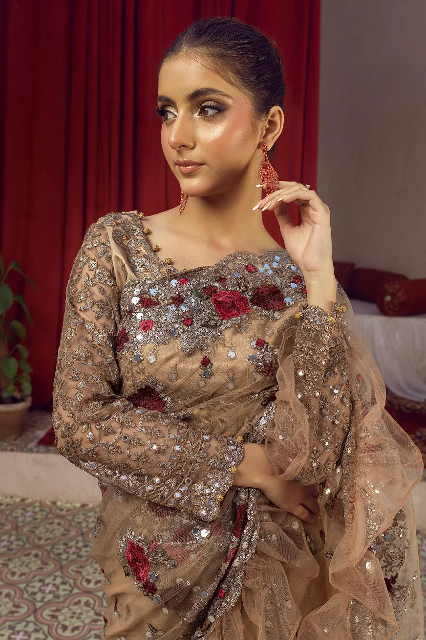 NB-5662 Antique Net Embroidered Stitched Saree