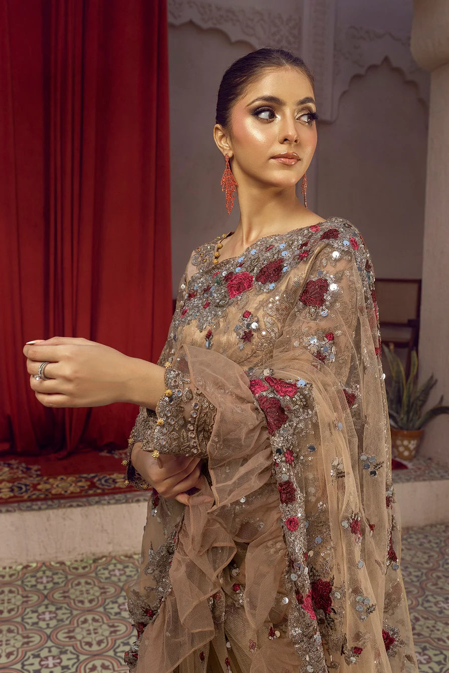 NB-5662 Antique Net Embroidered Stitched Saree