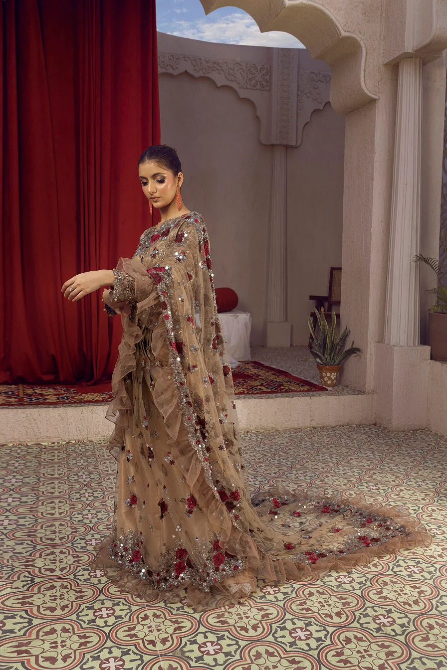 NB-5662 Antique Net Embroidered Stitched Saree