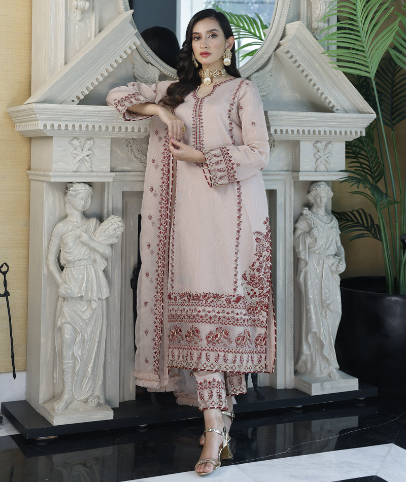 Old Rose Khaddi Net Embroidered 3-Piece Suit | Mahaba Studio USA