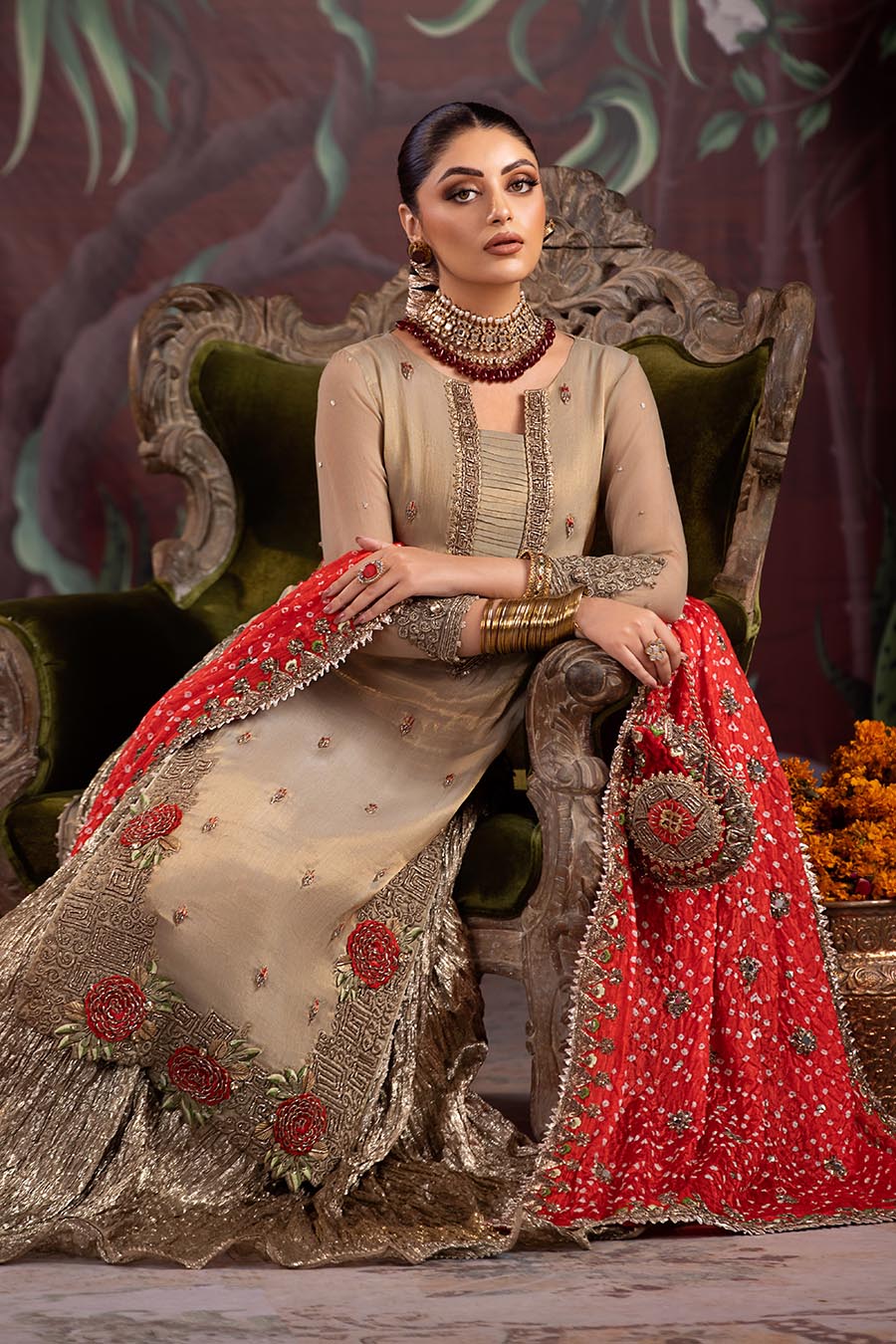 P-259 Golden Brown Hand Embroidered Shirt, Dupatta and Trousers