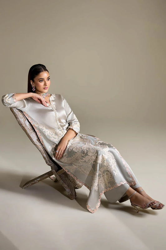 P-293 - Gray embroidered long shirt with palazzo