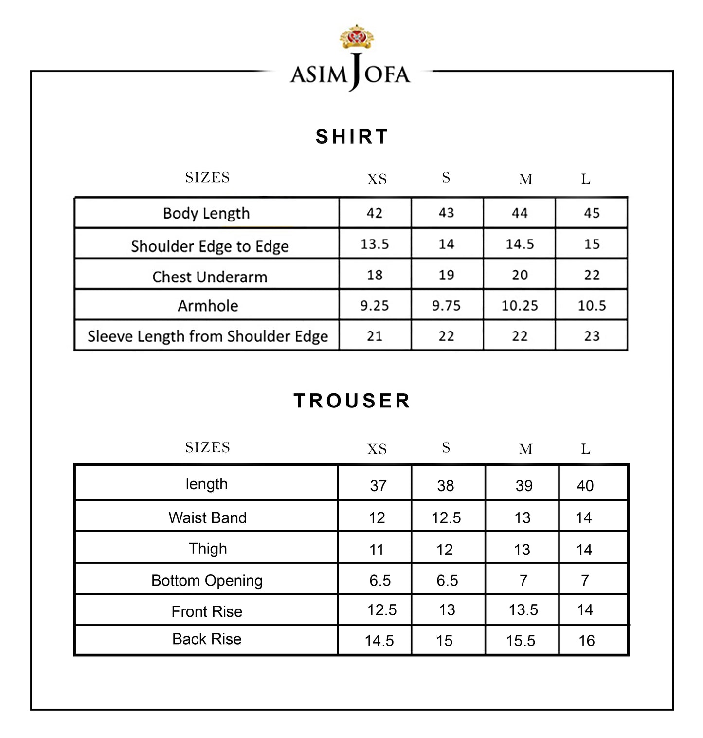 size chart Asim Jofa suits - dress - shirt - trouser