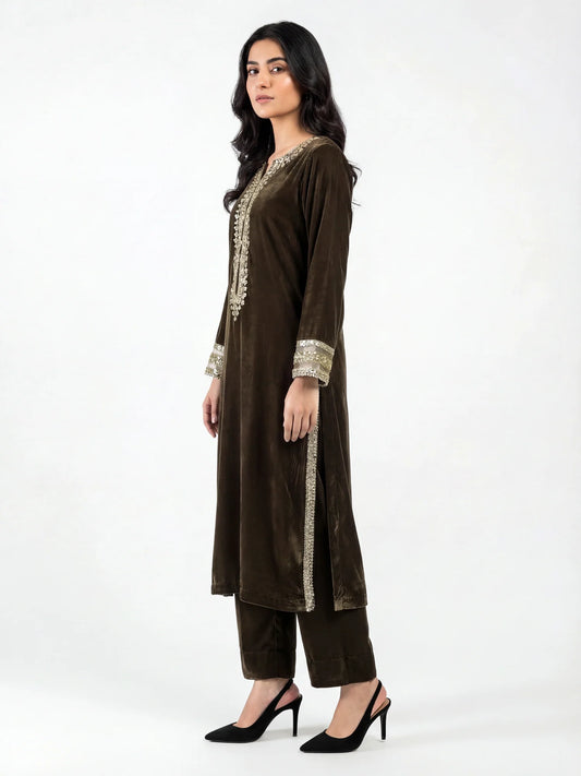 2 Piece Velvet Suit- Embroidered (Pret)