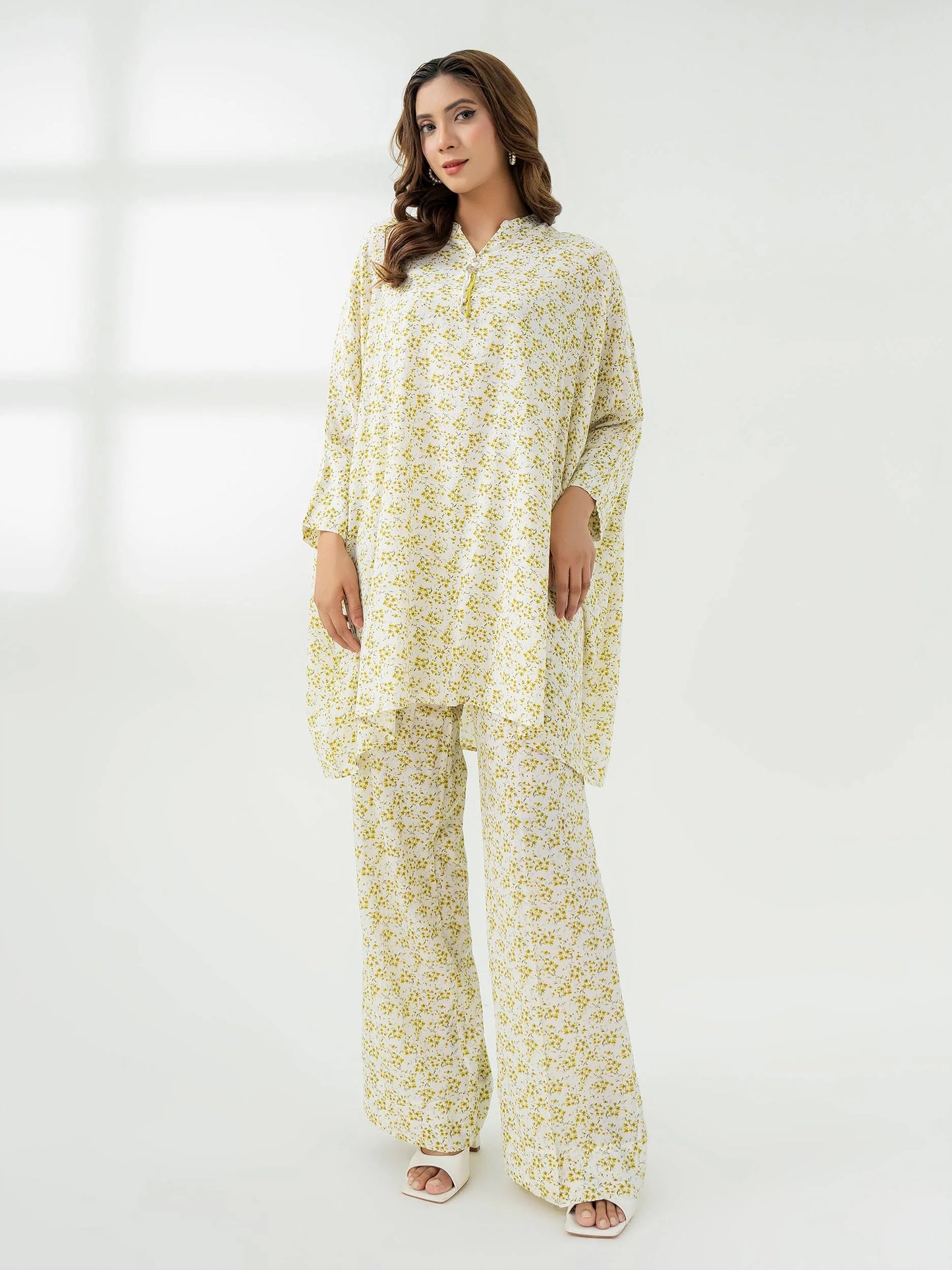 front view White Raw Silk Printed Co-Ord Set