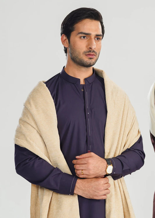 Beige Jacquard Velvet Shawl - Men