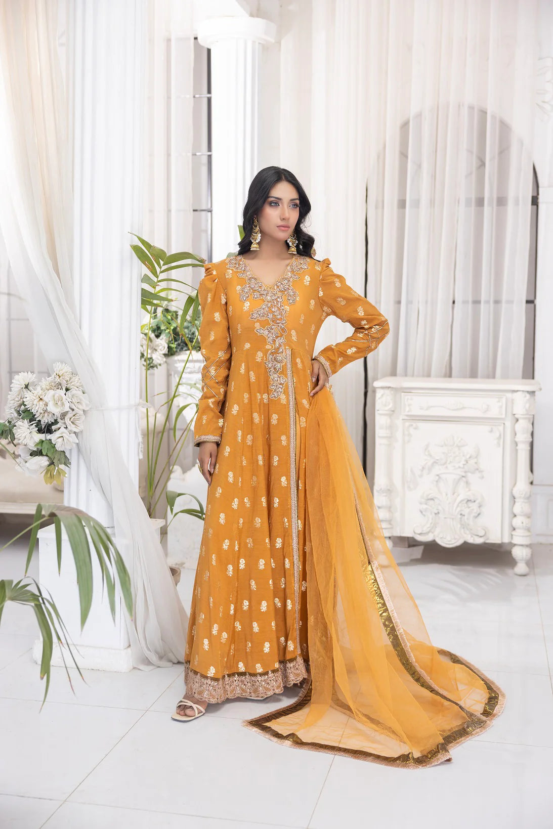 NF-6435 Mustard Jacquard Stitched Frock