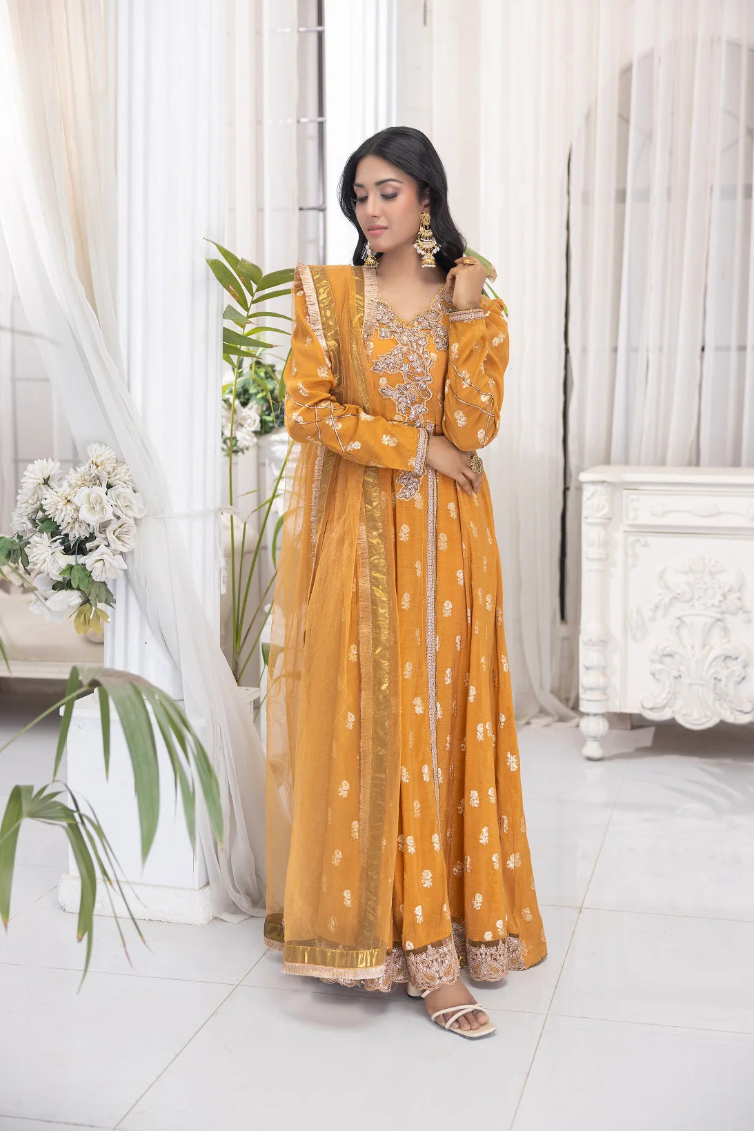 NF-6435 Mustard Jacquard Stitched Frock