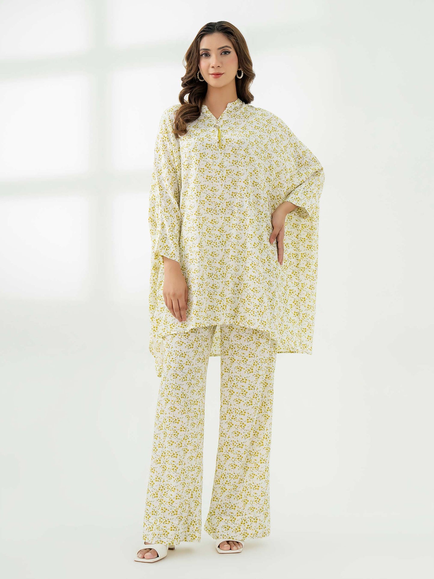 model wearing White Raw Silk Printed Co-Ord Set