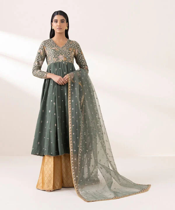 3 PIECE - EMBROIDERED RAW SILK SUIT