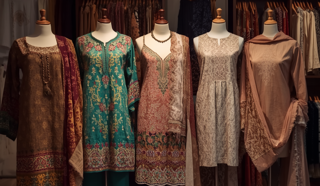Pakistani clothing fabrics including lawn cotton chiffon silk velvet and khaddar