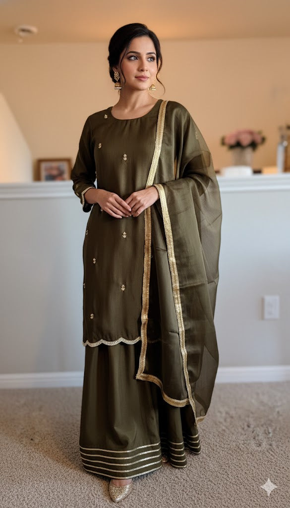 Korean Raw Silk Booti Shirt with Farshi Salwar & Chiffon Dupatta – 3 Piece Set