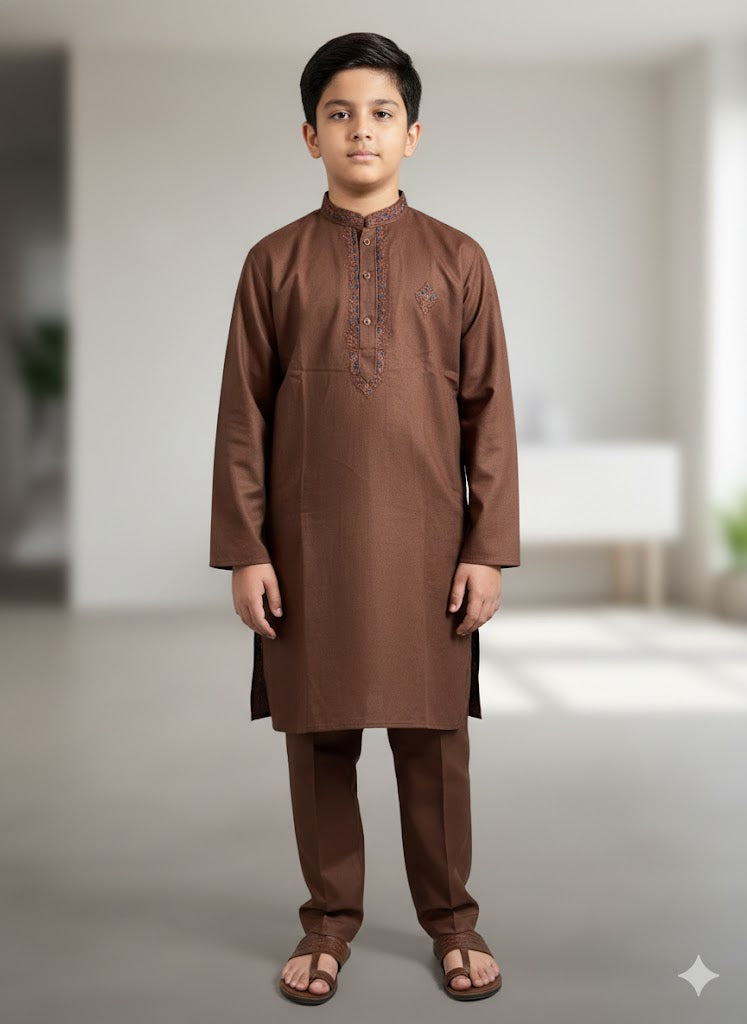 O Brown embroidered kurta trouser boys