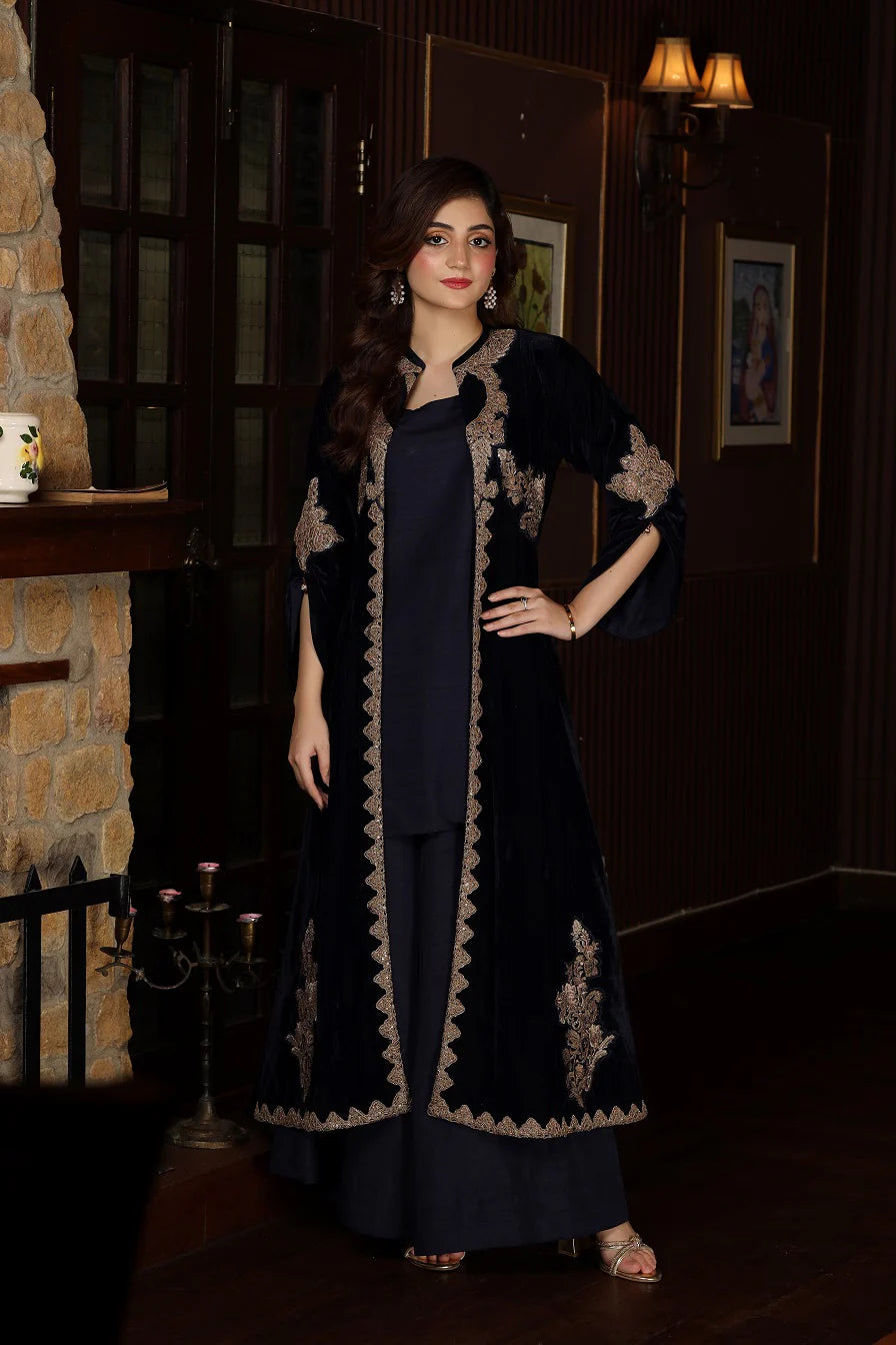3 Piece NF-5499 Navy Blue Velvet With Upper Stitched Shirt