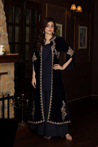 3 Piece NF-5499 Navy Blue Velvet With Upper Stitched Shirt