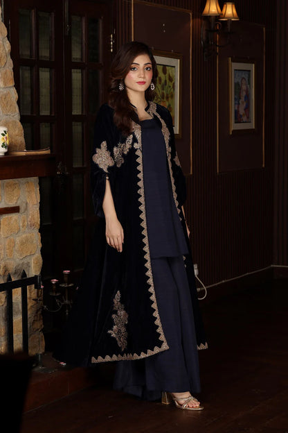 3 Piece NF-5499 Navy Blue Velvet With Upper Stitched Shirt