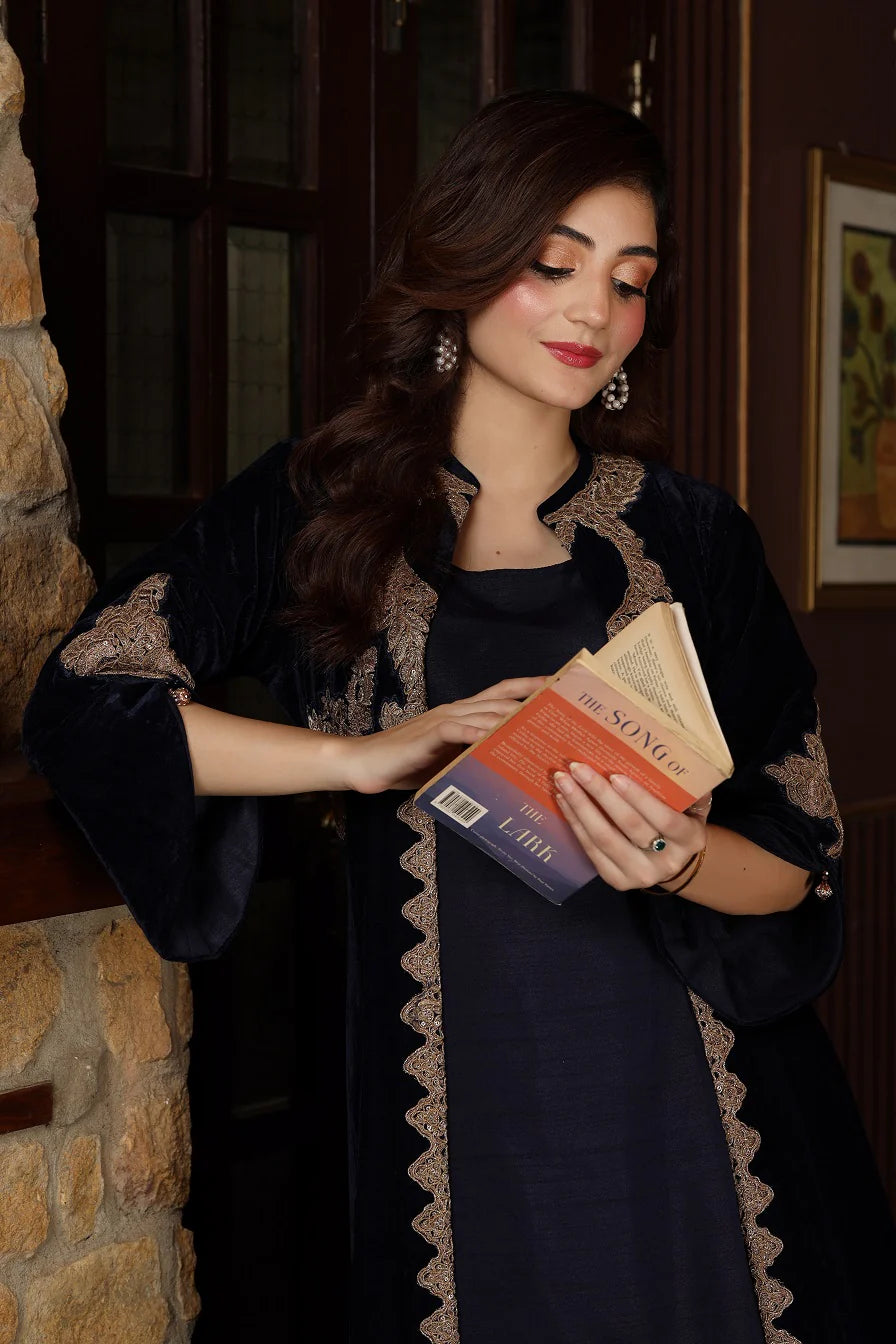 3 Piece NF-5499 Navy Blue Velvet With Upper Stitched Shirt