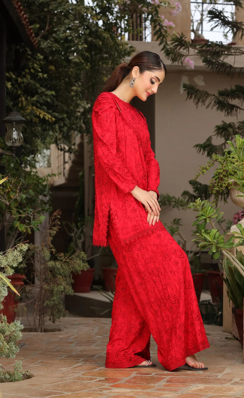 side view of Red Chicken Embroidered Co-ord 2-Piece Stitched Suit