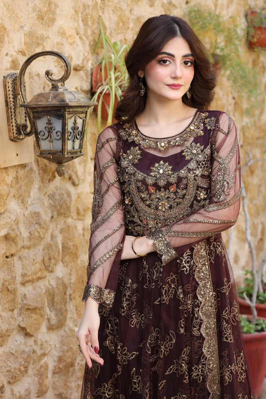 3 Piece NF-5864 Dark Brown Net Stitched Frock