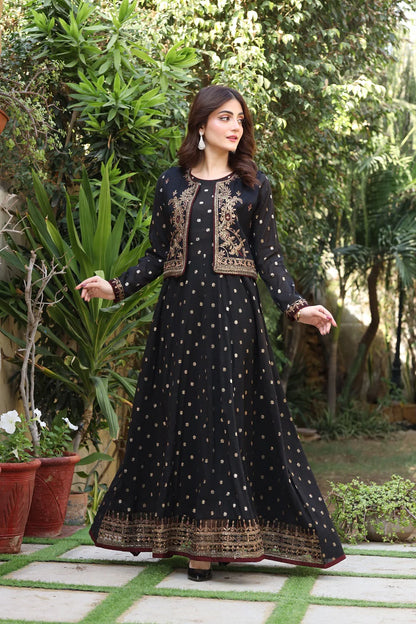 3 Piece NF-6175 Black Jacquard Koti Stitched Frock