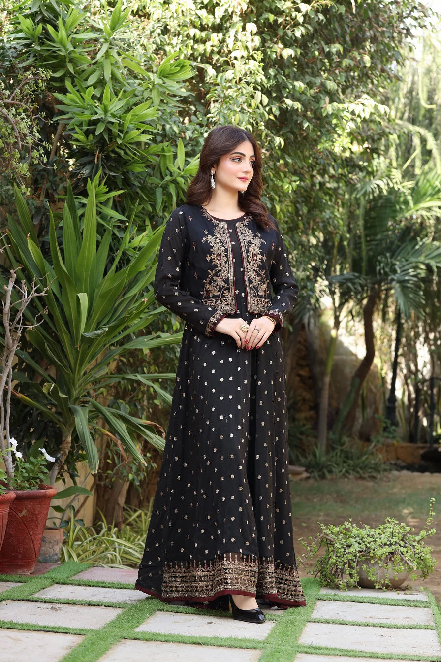 3 Piece NF-6175 Black Jacquard Koti Stitched Frock