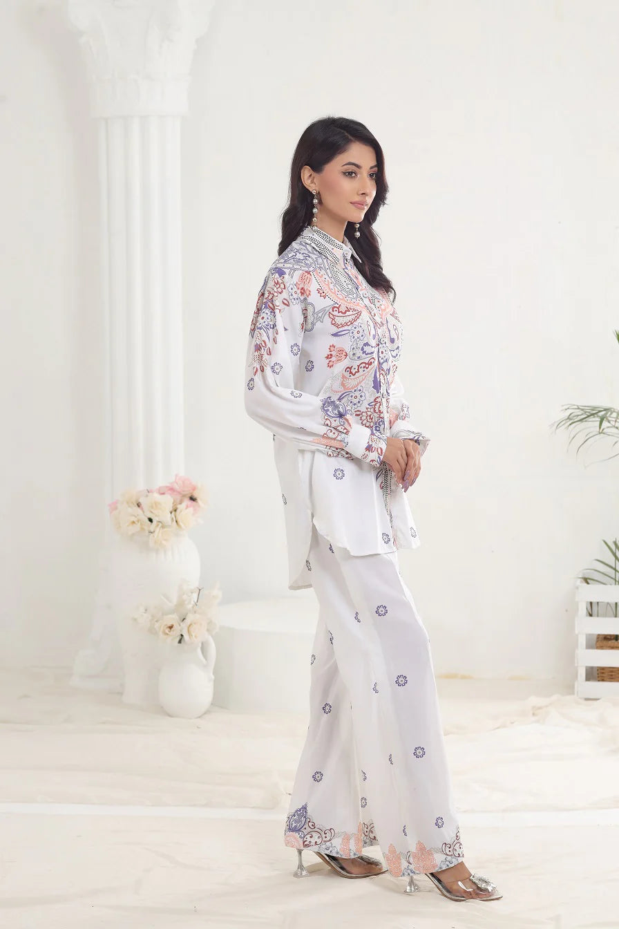 side view of White Printed 2Pc Suit