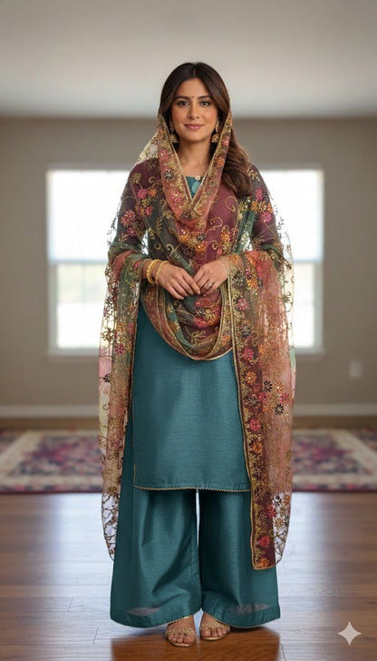 Korean Raw Silk Salwar Suit – Plain Elegance with Heavy Embroidered Organza Dupatta | 3 Piece Set