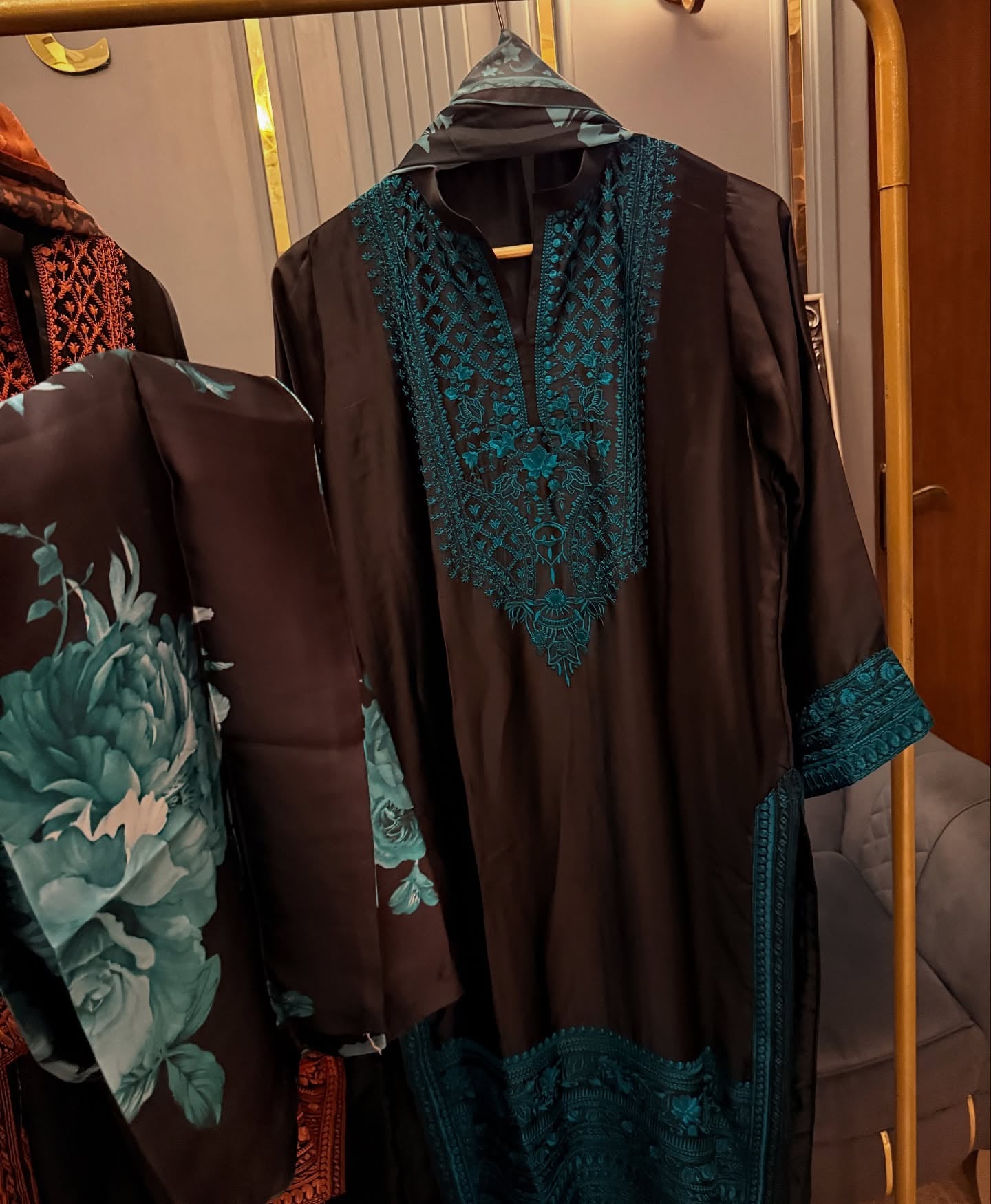Shamoz Silk Embroidered Long Shirt Set – 3 Piece | Ready to Ship