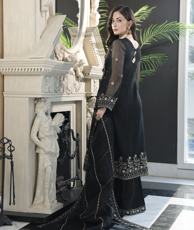 Black embroidered khaddi net outfit with organza dupatta