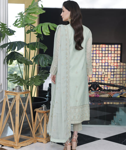 back view of Seafoam khaddi net embroidered 3pc Suit