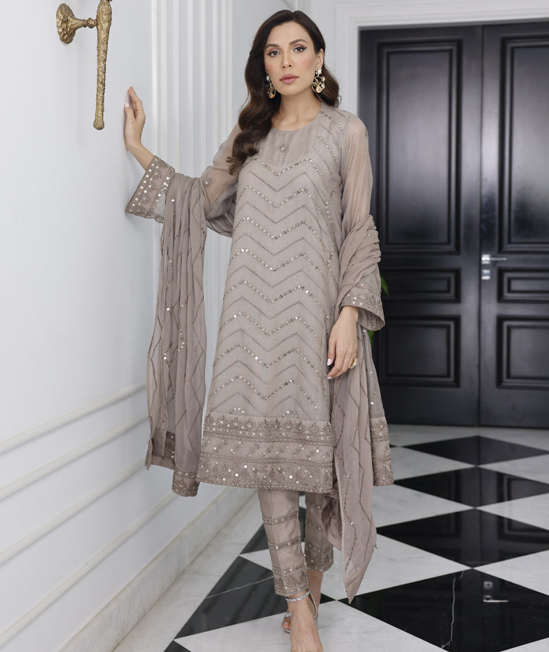 Lava Gray khaddi net embroidered 3-piece suit front view