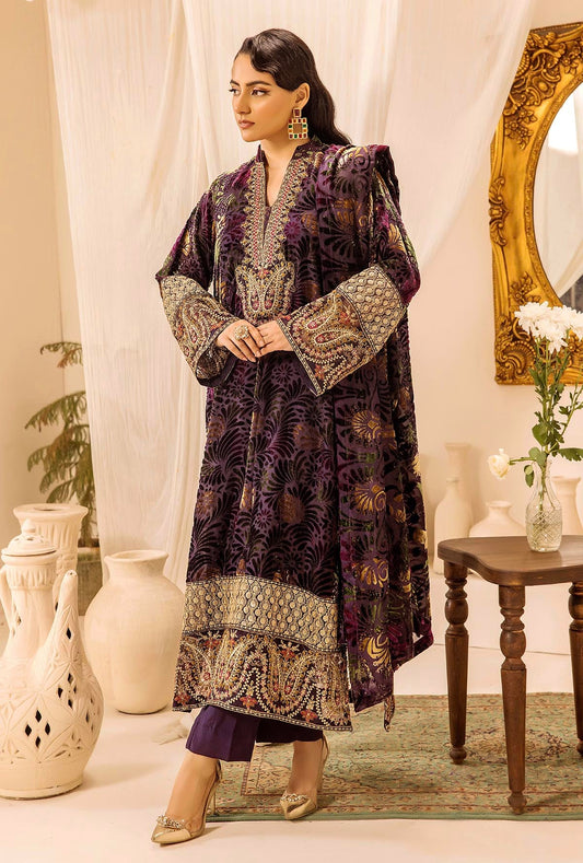 Livid Brown Stitched Embroidered Micro-Velvet Salwar Kameez and Dupatta